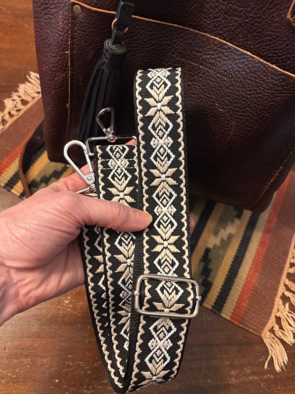 Woven Black / Cream / White bag strap with Silver tone Hardware